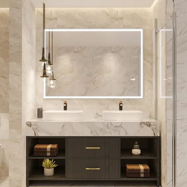 Twin-basin bathroom vanity with coordinated Plumber Bathware faucets and illuminated mirror