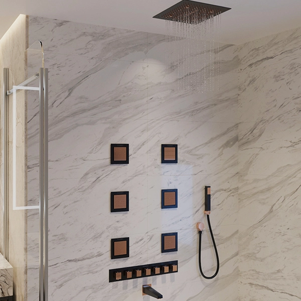 Plumber Bathware rain shower, hand shower and coordinated controls installed in a marble shower area