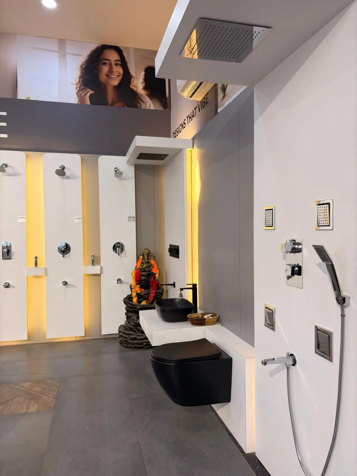 Curated Plumber Bathware basin, shower and bathroom fitting vignette in the showroom