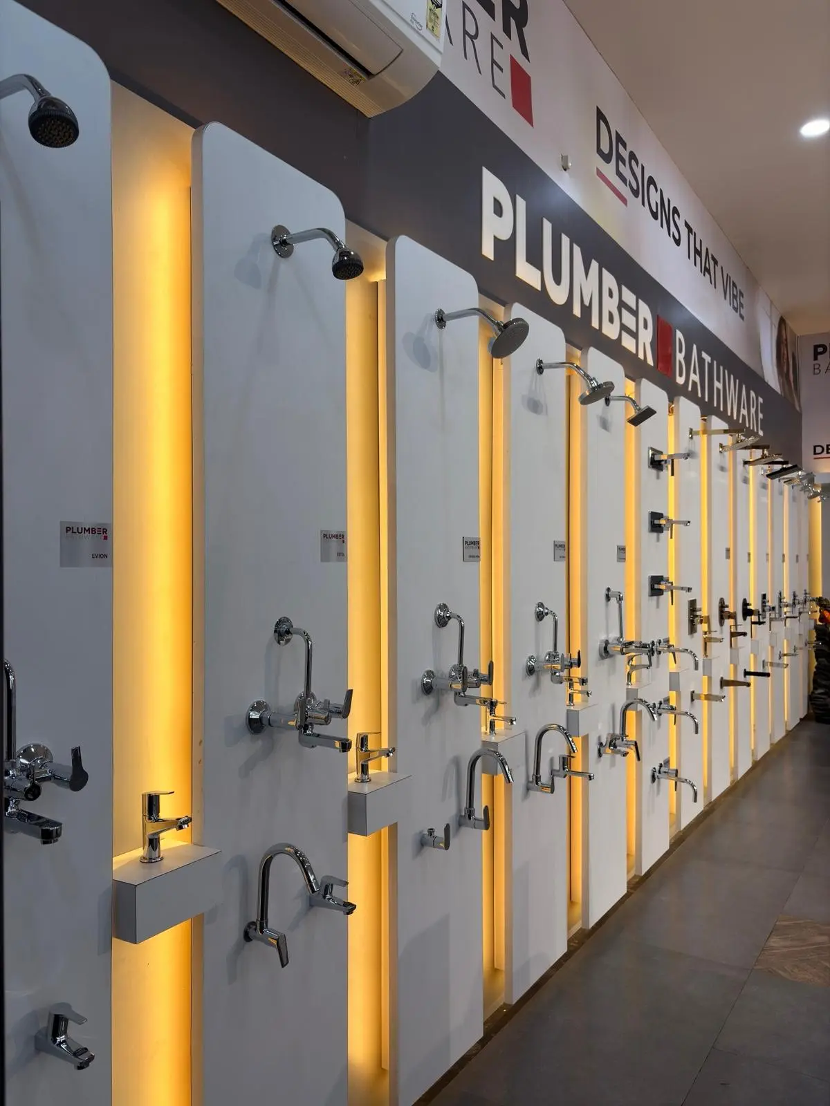 Close view of the Plumber Bathware faucets and shower fittings display