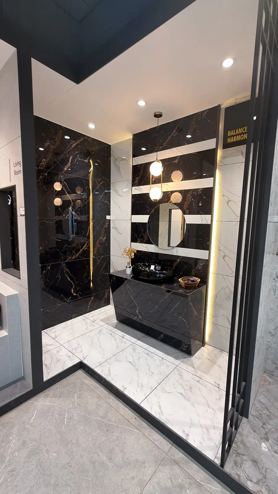 Black and white Somany feature tiles presented in a full-scale room vignette