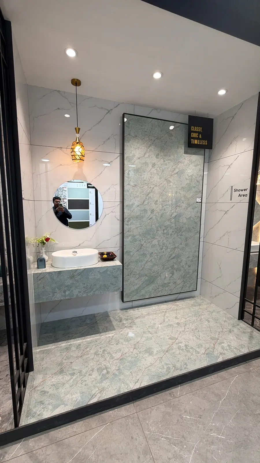 Blue marble-look Somany tiles displayed in a coordinated bathroom setting at The Build Mart