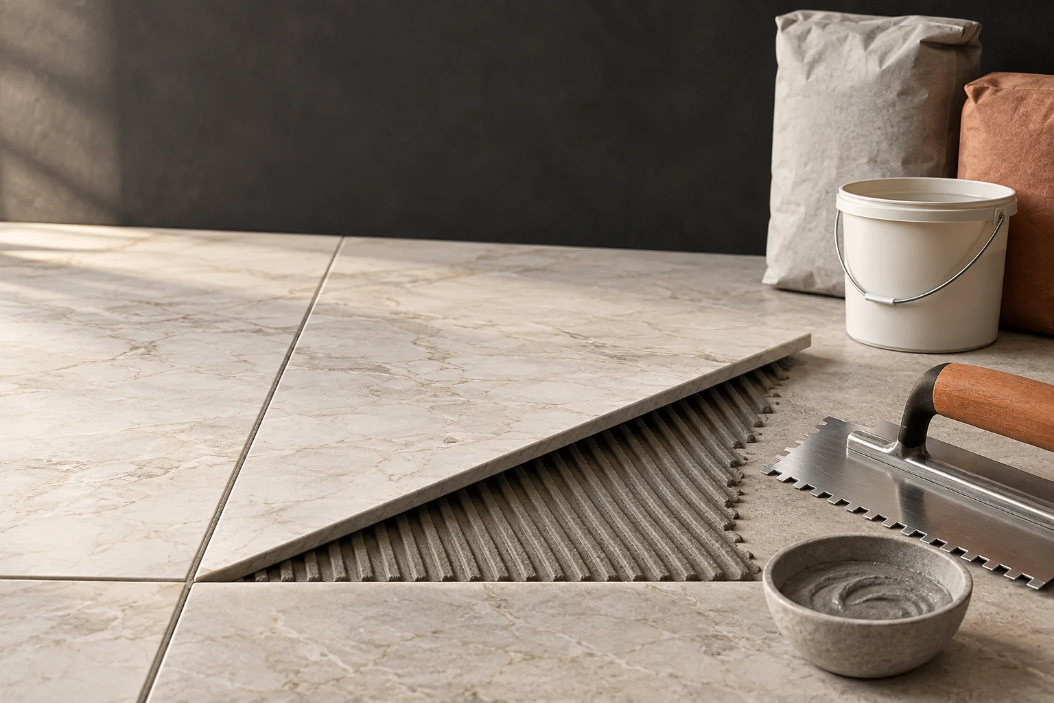 Porcelain tile lifted to reveal evenly combed tile adhesive with a notched trowel and finished grout joint