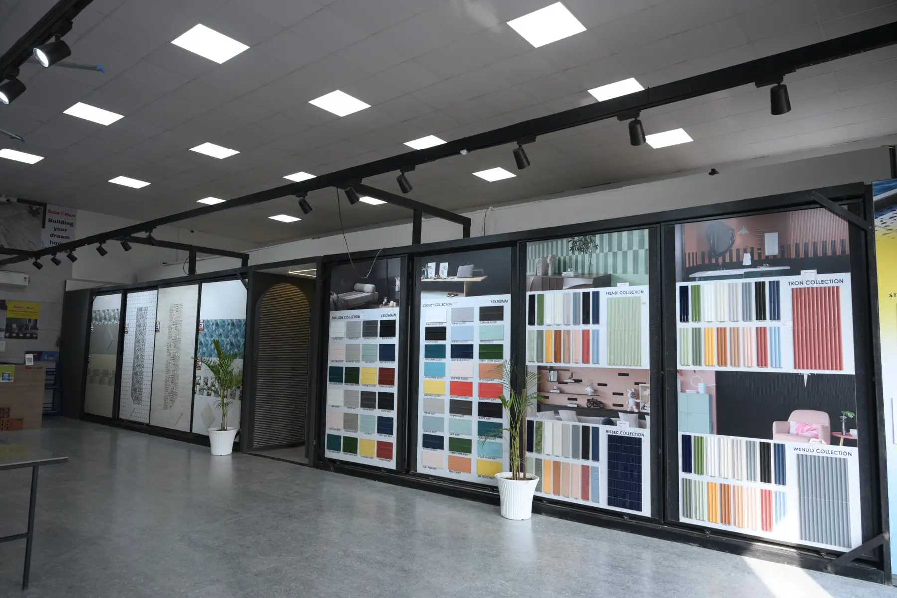 Large illuminated material and colour sample library inside The Build Mart Bikaner