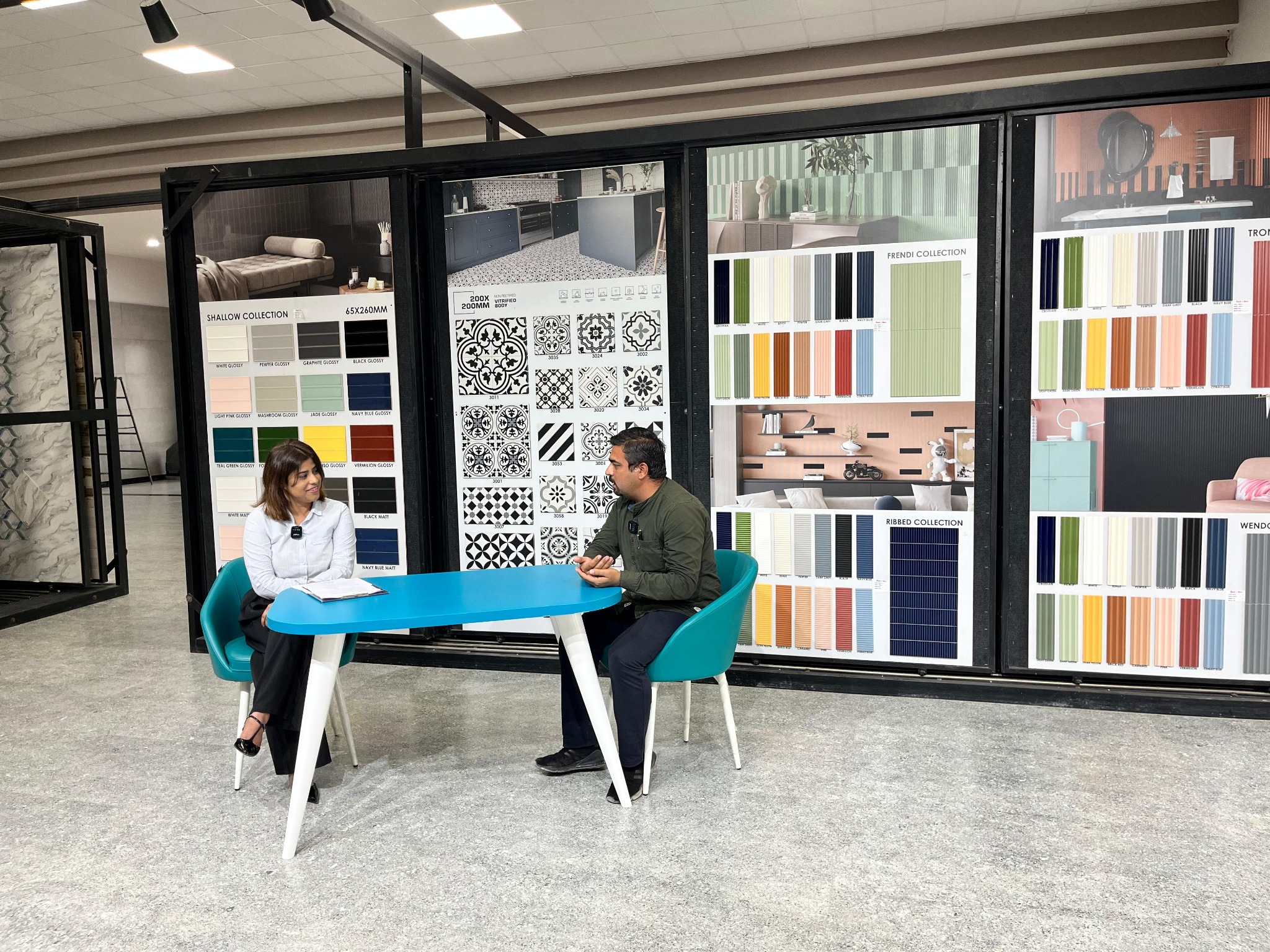 Collaborative material and interior design consultation representing a modern luxury workplace